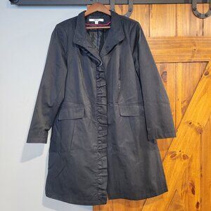 DKNY Sabring Ruffle Walker Midi Trench Coat Women’s Plus1X Black Overcoat Lined